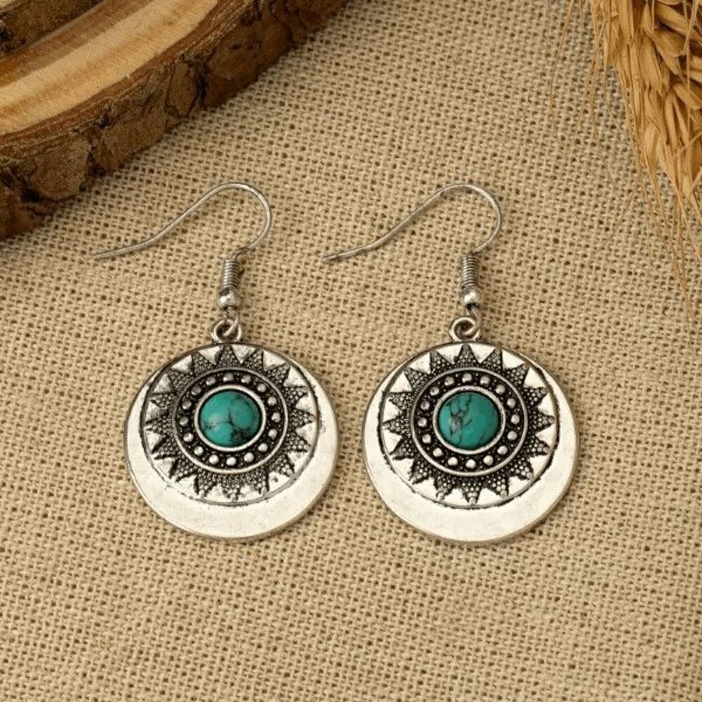 Boho Aztec Western Sun Round Turquoise Dangle Earrings - Picture 2 of 5